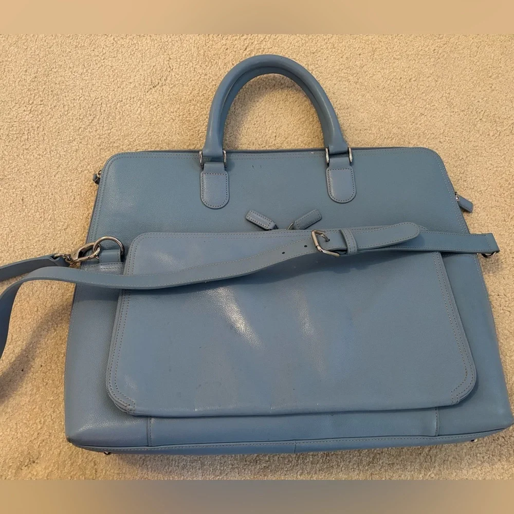 Levenger 100% Leather Light Blue Briefcase with Removable Shoulder Strap $450
